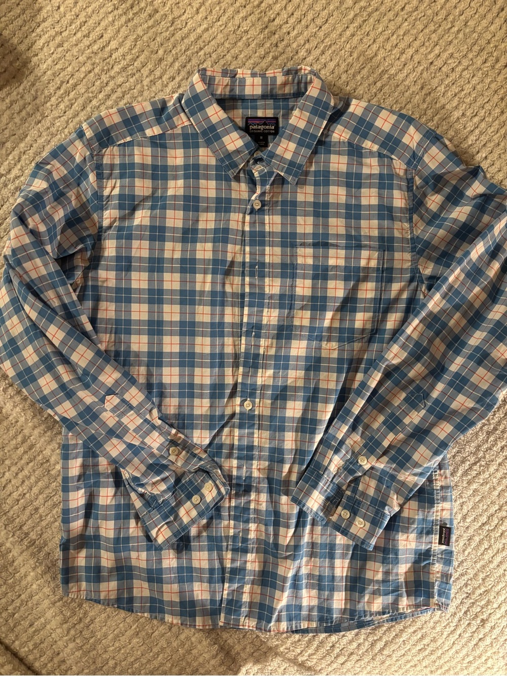 Patagonia Men’s Light Blue and White Plaid Button-Up Shirt